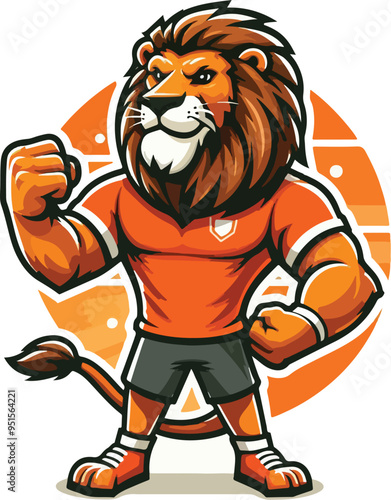 ion mascot clenching his fist, in a orange t-shirt, full body, flat design style 1