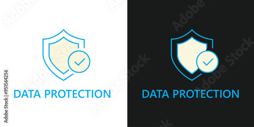 Data Protection Flat vector illustration Shield icon with checkmark symbolising data protection in light and dark mode variations. Flat vector illustration for cybersecurity design.