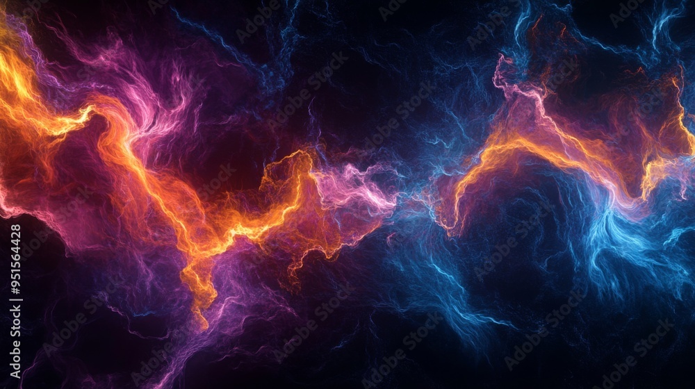 An artistic representation of electric waves intertwining, creating a mesmerizing pattern of light and color on a dark, smooth surface. An artistic representation of electric waves intertwining, creating a mesmerizing pattern of light and color on a dark, smooth surface.