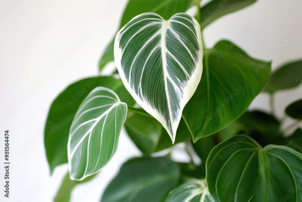 Obraz premium Verdant heart-shaped philodendron leaf with delicate white accents