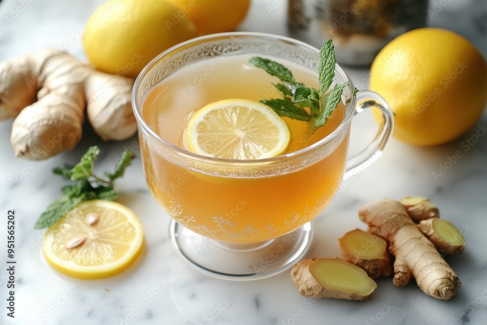 A cozy and inviting scene featuring a glass cup of freshly brewed ginger and lemon tea A cozy and inviting scene featuring a glass cup of freshly brewed ginger and lemon tea