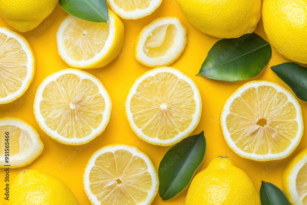 Fototapeta premium Fresh lemons lemon slices on vibrant yellow background