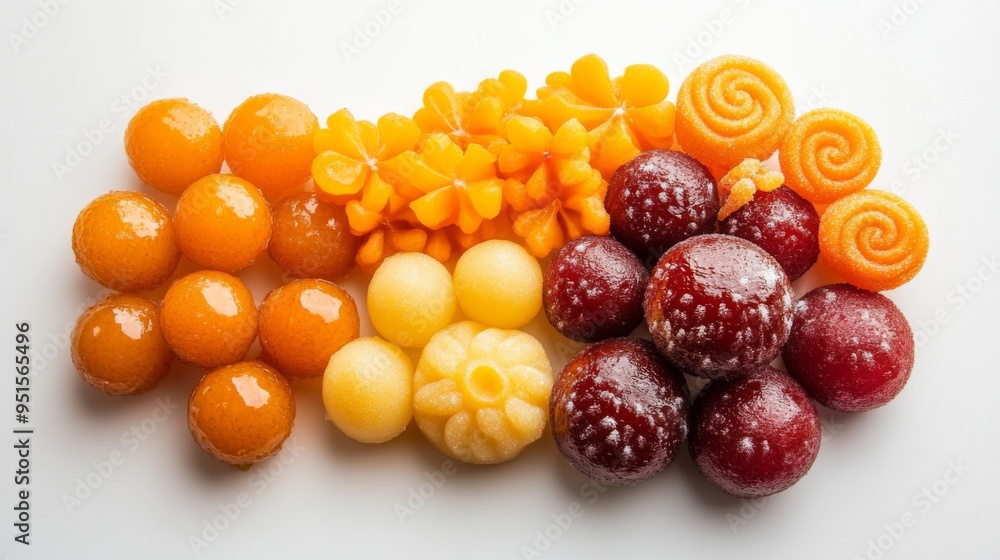 An assortment of Indian sweets like gulab jamun and jalebi, displayed on a white background, with a focus on the bright colors and sugary textures An assortment of Indian sweets like gulab jamun and jalebi, displayed on a white background, with a focus on the bright colors and sugary textures