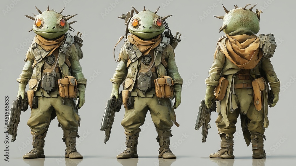 Detailed character design of a frog-like humanoid in military gear Detailed character design of a frog-like humanoid in military gear