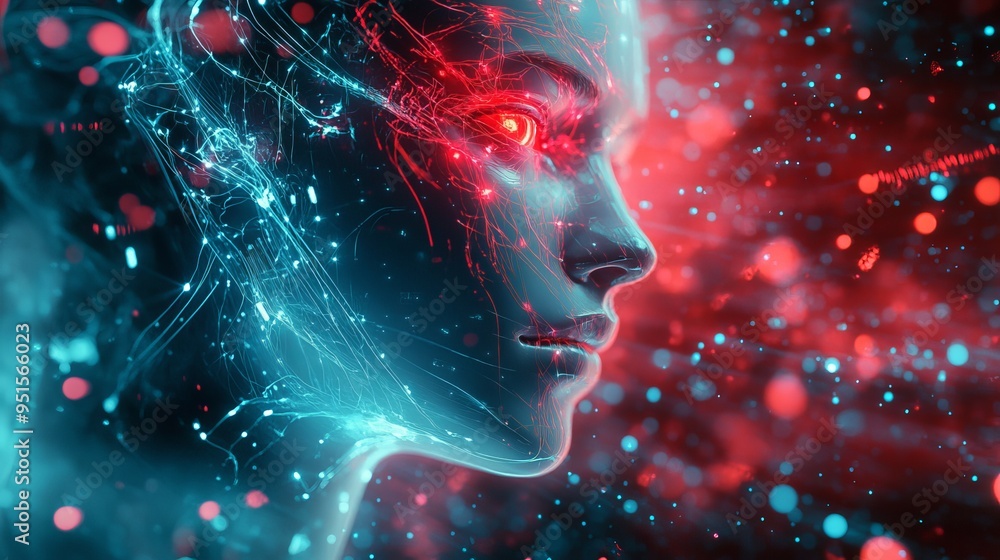 Cybernetic figure portrait with glowing features in a futuristic style Cybernetic figure portrait with glowing features in a futuristic style