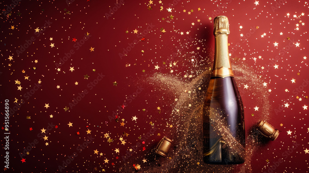 Fototapeta premium A celebratory champagne bottle with sparkling gold confetti on a rich red backdrop, perfect for festive occasions.