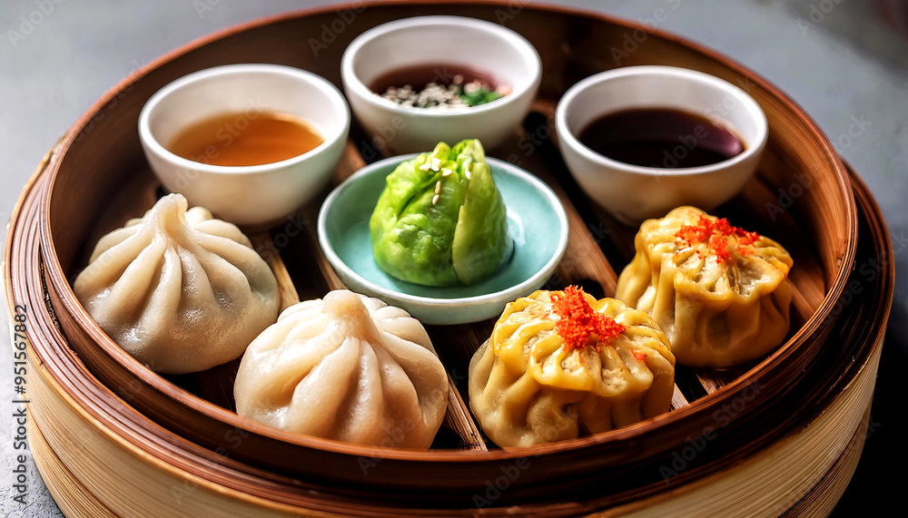 Dim Sum Platter with Steamed Dumplings, Bao Buns, and Dipping Sauces Dim Sum Platter with Steamed Dumplings, Bao Buns, and Dipping Sauces