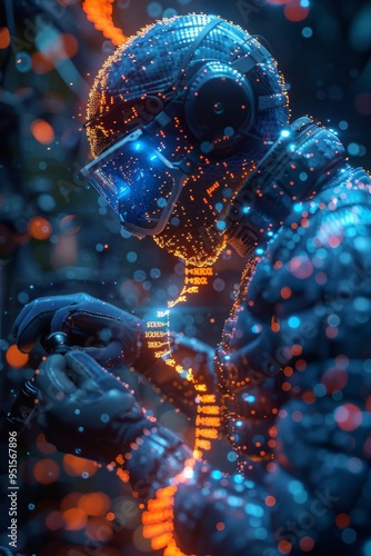 Scientist in protective gear analyzing samples under microscope for genetic research insights