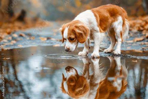 A brown and white dog standing in a puddle of water photo