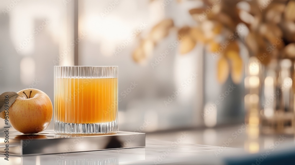 Freshly squeezed apple juice on a chrome, golden podium with exquisite detailing. Freshly squeezed apple juice on a chrome, golden podium with exquisite detailing.