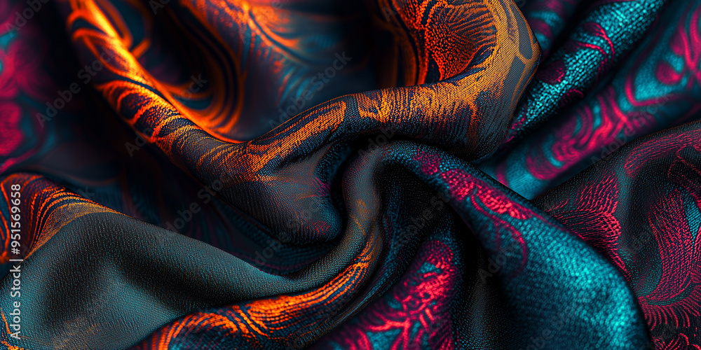 close-up of silk, graphic stamp, saturated with bright colors that emphasize its texture close-up of silk, graphic stamp, saturated with bright colors that emphasize its texture