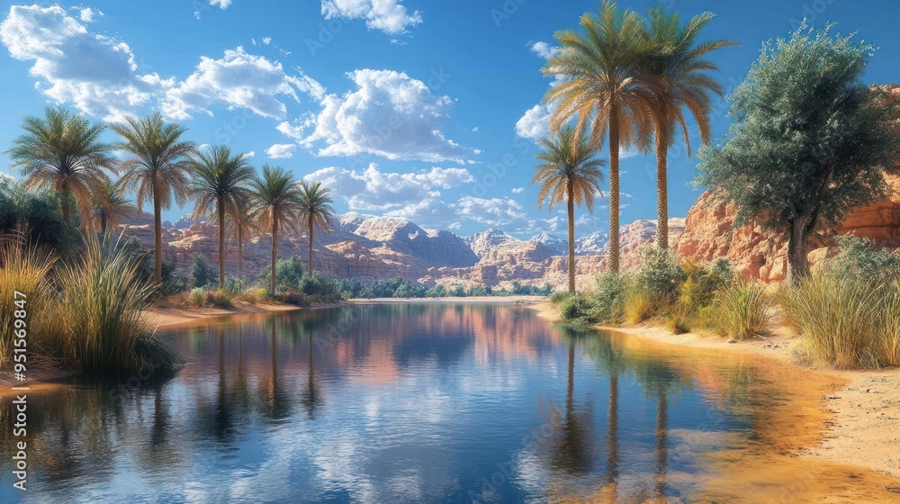 Serene desert landscape with palm trees and a tranquil water body. Serene desert landscape with palm trees and a tranquil water body.