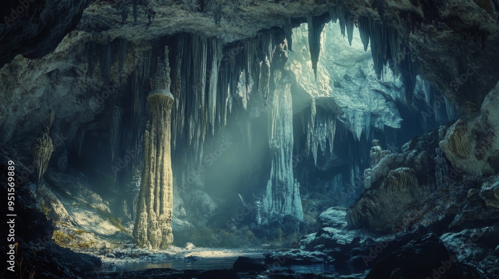 An expansive view inside a dramatic cave with stalactites and stalagmites, illuminated by soft, natural light filtering through an opening An expansive view inside a dramatic cave with stalactites and stalagmites, illuminated by soft, natural light filtering through an opening