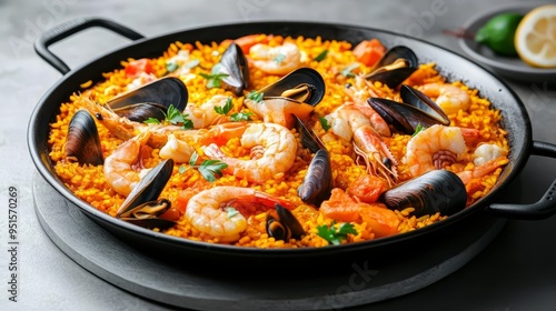 Classic Spanish paella seafood with saffron rice, mussels, and prawns, cooked in a traditional pan, coastal flavors