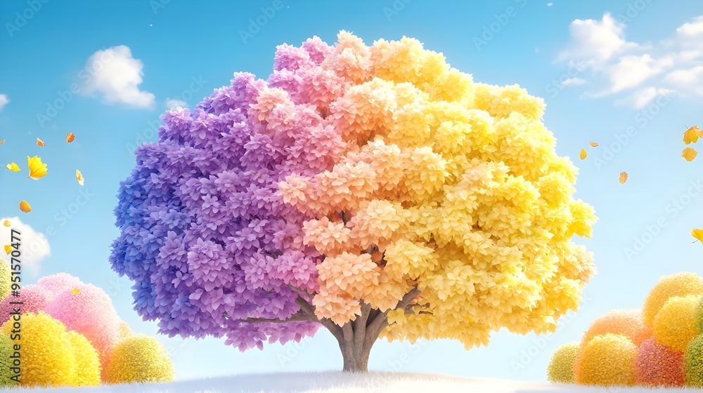 Fototapeta premium Colorful Tree, Blue Sky, Fantasy Landscape, Spring, Summer, Autumn