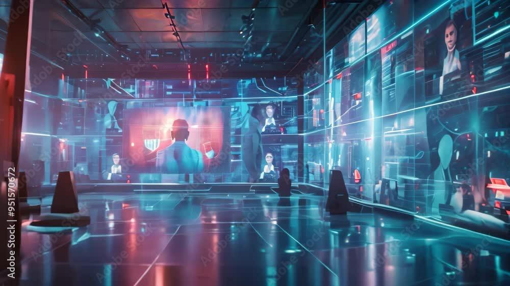A futuristic depiction of a conference call with digital avatars in a modern office setting, A futuristic depiction of a conference call, with floating holographic displays and digital avatars A futuristic depiction of a conference call with digital avatars in a modern office setting, A futuristic depiction of a conference call, with floating holographic displays and digital avatars