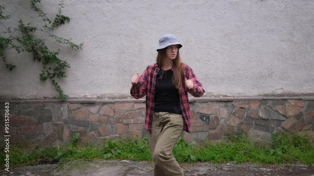 young woman in a red plaid shirt and beige pants dances hip-hop in front of a gray wall with a stone base. She wears a gray bucket hat and black shirt, exuding a cool, casual style young woman in a red plaid shirt and beige pants dances hip-hop in front of a gray wall with a stone base. She wears a gray bucket hat and black shirt, exuding a cool, casual style