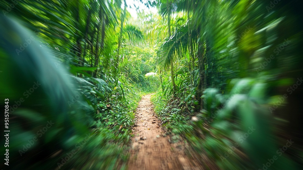 Naklejka premium Blur background of narrow path winding through a dense tropical jungle. Lush greenery and vibrant foliage dominate this landscape.
