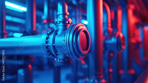 Close-up of industrial pipeline with modern valve, illuminated by vibrant blue and red lights, showcasing intricate engineering details.