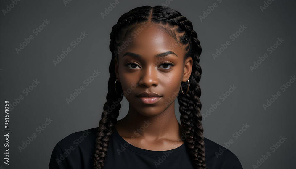 A young Black woman with long braided hairstyle, wearing a black top, against a dark background A young Black woman with long braided hairstyle, wearing a black top, against a dark background