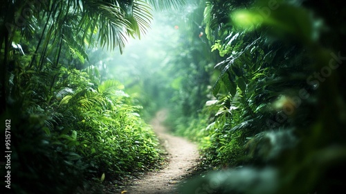 Blur background of narrow path winding through a dense tropical jungle. Lush greenery and vibrant foliage dominate this landscape. 