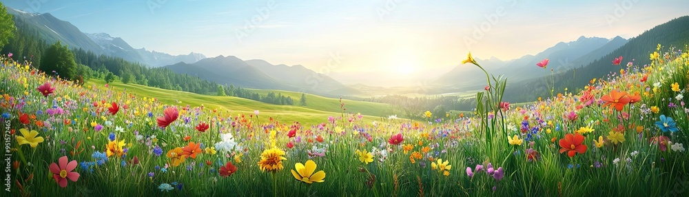 Obraz premium Bright wildflower meadow bathed in the warm light of sunset, a vibrant array of colors creating a picturesque and uplifting scene in nature
