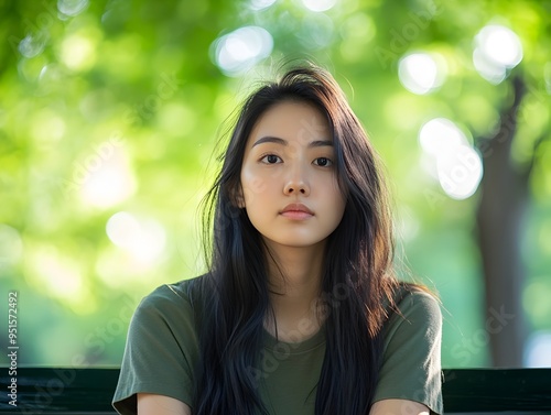 Pensive Asian woman seated on park bench surrounded by vibrant greenery