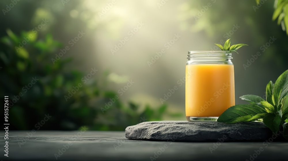 Peach smoothie on a stone podium in a rugged, natural setting. Peach smoothie on a stone podium in a rugged, natural setting.