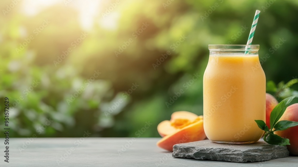 Peach smoothie on a stone podium in a rugged, natural setting.