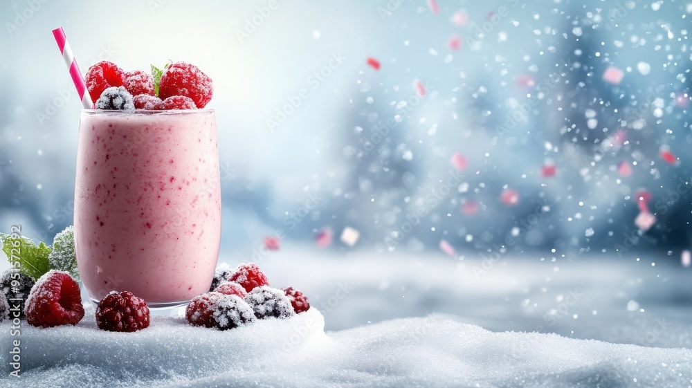 Mixed berry smoothie on a snow podium with confetti swirling in the frosty air. Mixed berry smoothie on a snow podium with confetti swirling in the frosty air.