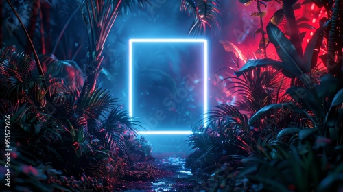 Fototapeta Naklejka Na Ścianę i Meble -  A vibrant, mystical jungle scene featuring glowing neon square surrounded by lush foliage and colorful lighting.