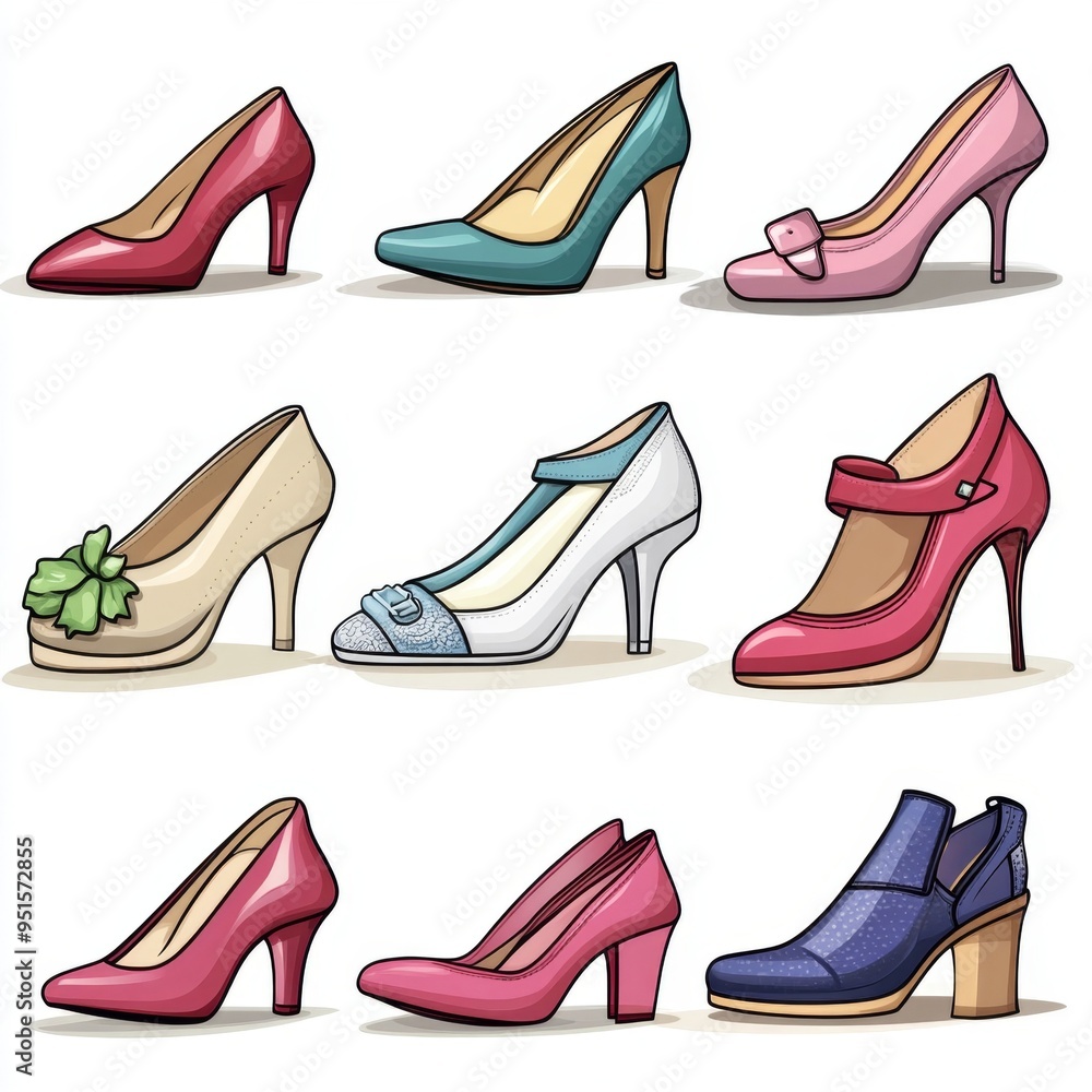 A Shoe Lover's Palette: Nine colorful high heels, drawn in a playful cartoon style, showcase the diverse world of women's footwear. A Shoe Lover's Palette: Nine colorful high heels, drawn in a playful cartoon style, showcase the diverse world of women's footwear.