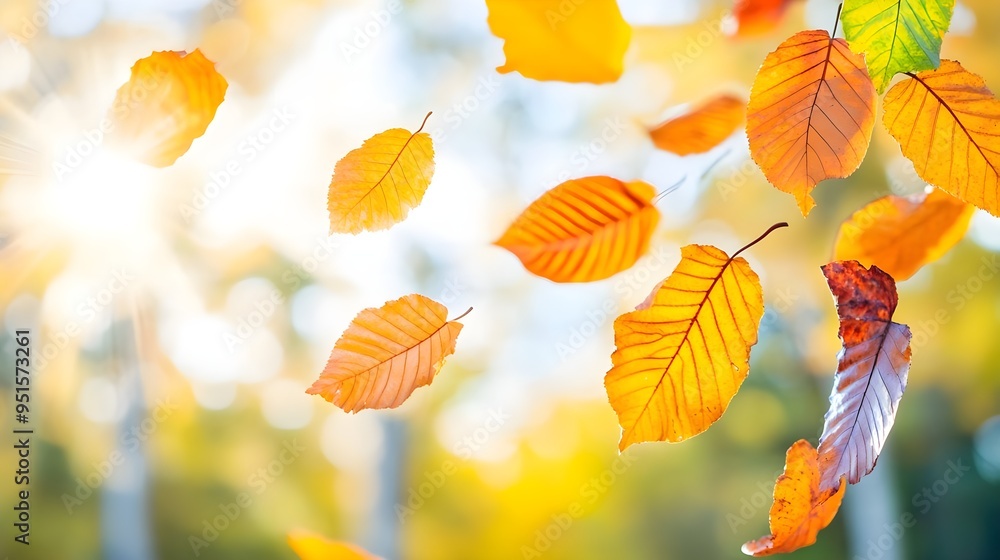 Obraz premium Falling Autumn Leaves Sunlit Background