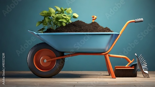 A garden wheelbarrow and several gardening equipment, including a shovel, rake, and fork, are depicted in a three-dimensional image that showcases horticultural and farming goods against a monochromat photo