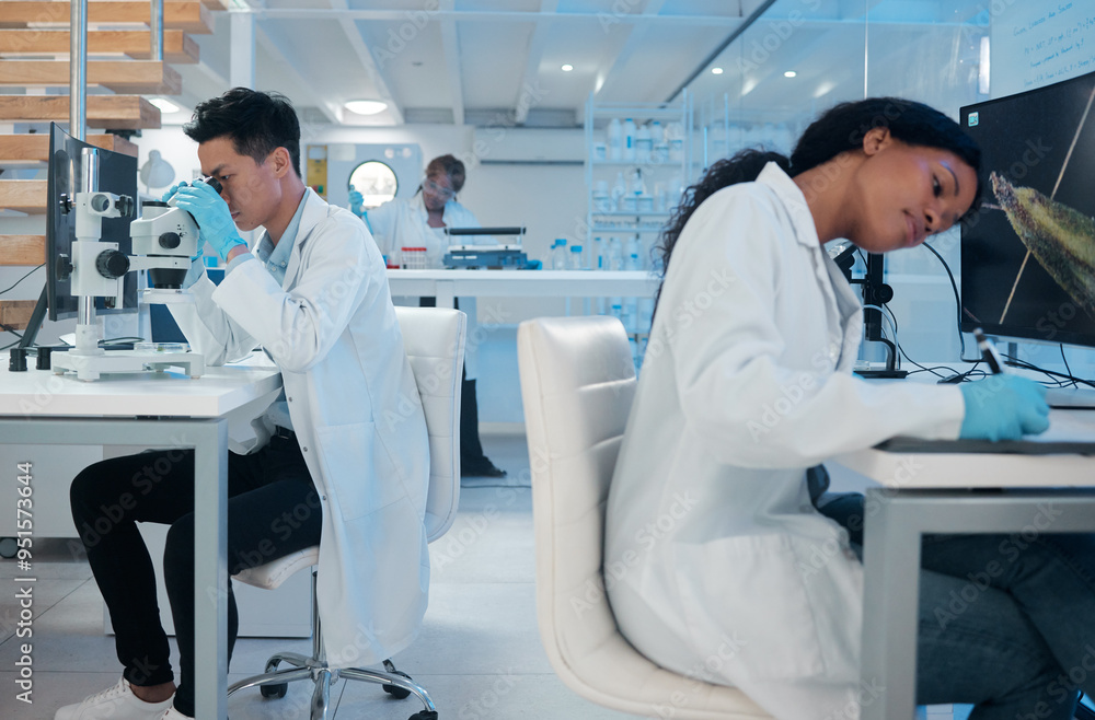 Science, team and tech in lab for medicine, vaccine development and bacteria analysis. Man, woman and writing findings in research facility for chemistry, microbiology and antibiotic engineering Science, team and tech in lab for medicine, vaccine development and bacteria analysis. Man, woman and writing findings in research facility for chemistry, microbiology and antibiotic engineering