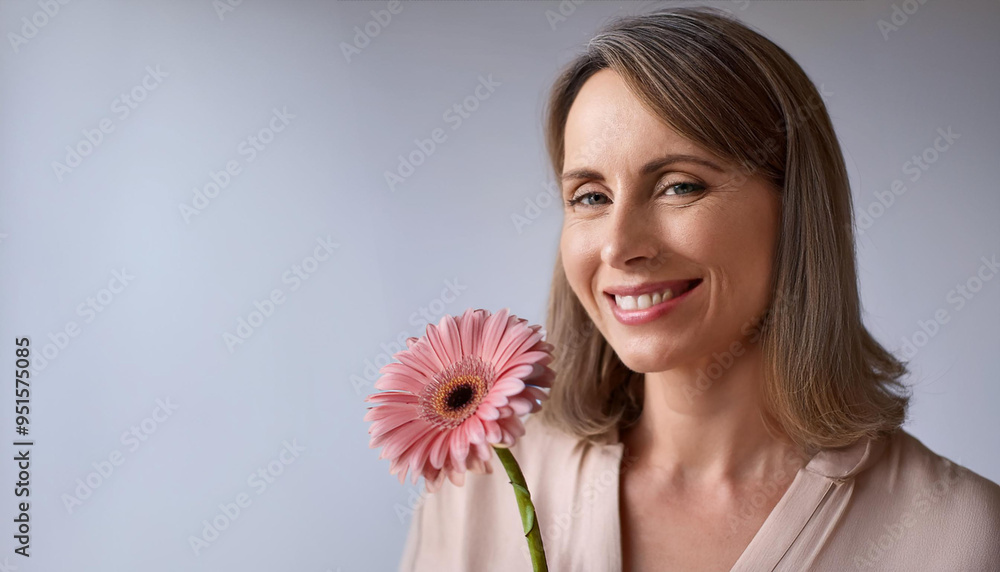 Happy 40-year-old woman holding a flower and smiling warmly at the camera.
Happy 40-year-old woman holding a flower and smiling warmly at the camera.