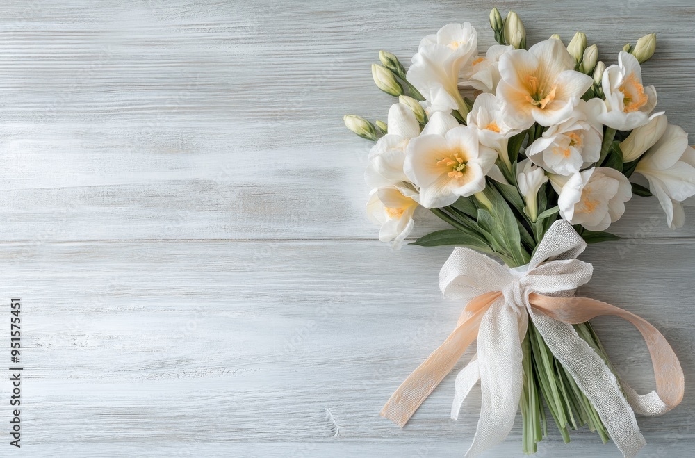 Delicate White Flowers Tied with a Ribbon on Rustic Wooden Background Delicate White Flowers Tied with a Ribbon on Rustic Wooden Background