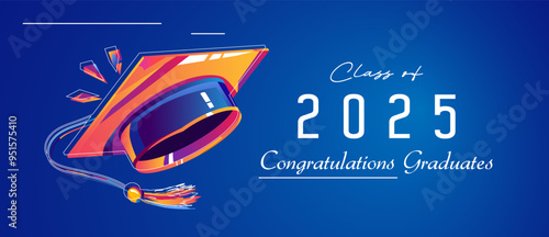 Graduation concept design. Congratulations graduates for the class of 2025. Background is equipped with a hat element as a symbol of graduation. Design congratulates the class of 2025 graduate