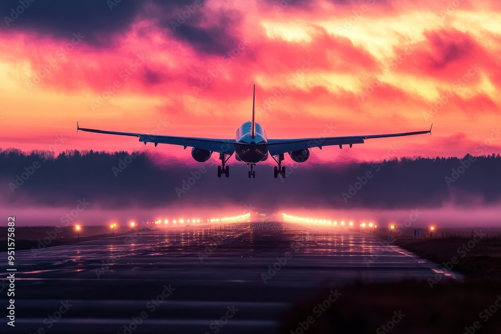 A dramatic and beautiful image of an airplane landing on a runway A dramatic and beautiful image of an airplane landing on a runway