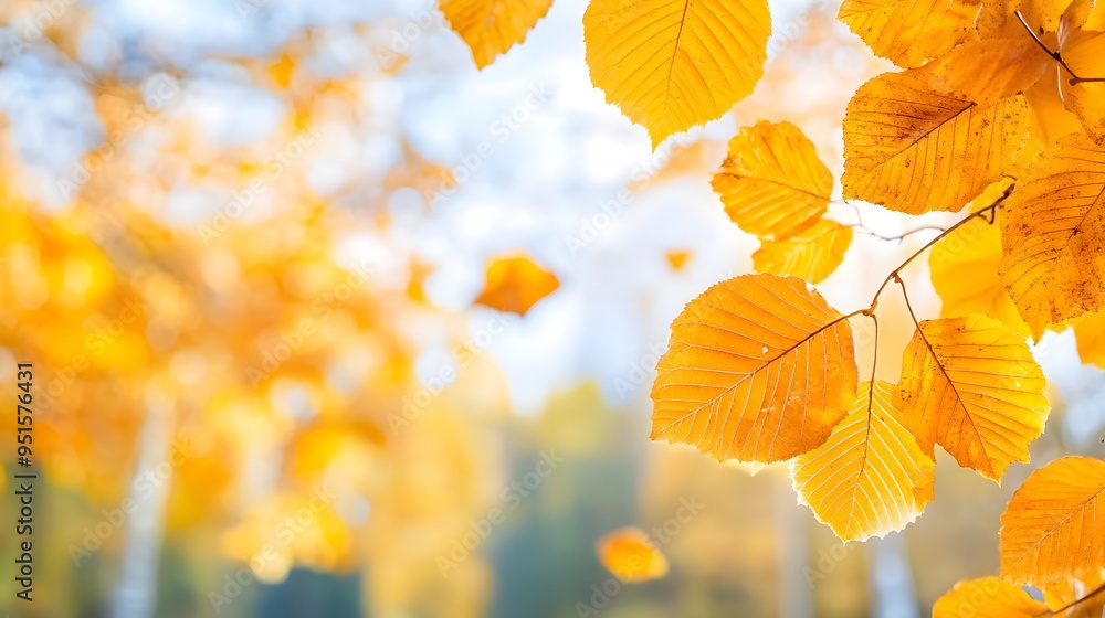 Fototapeta premium Golden Autumn Leaves Closeup with Blurred Background