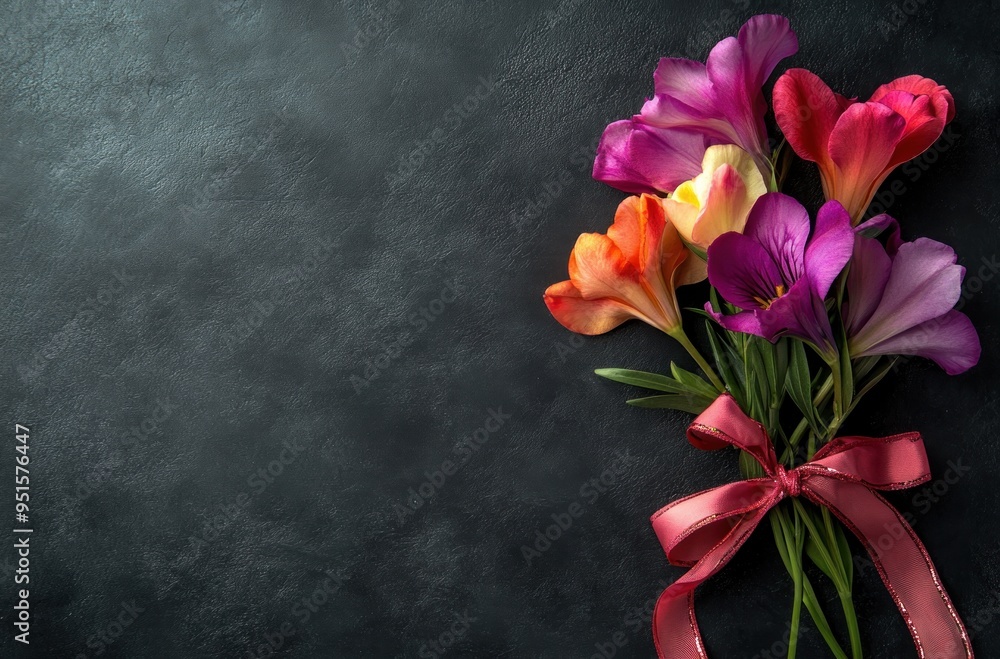 Colorful Bouquet of Flowers with a Pink Ribbon on a Dark Background Colorful Bouquet of Flowers with a Pink Ribbon on a Dark Background