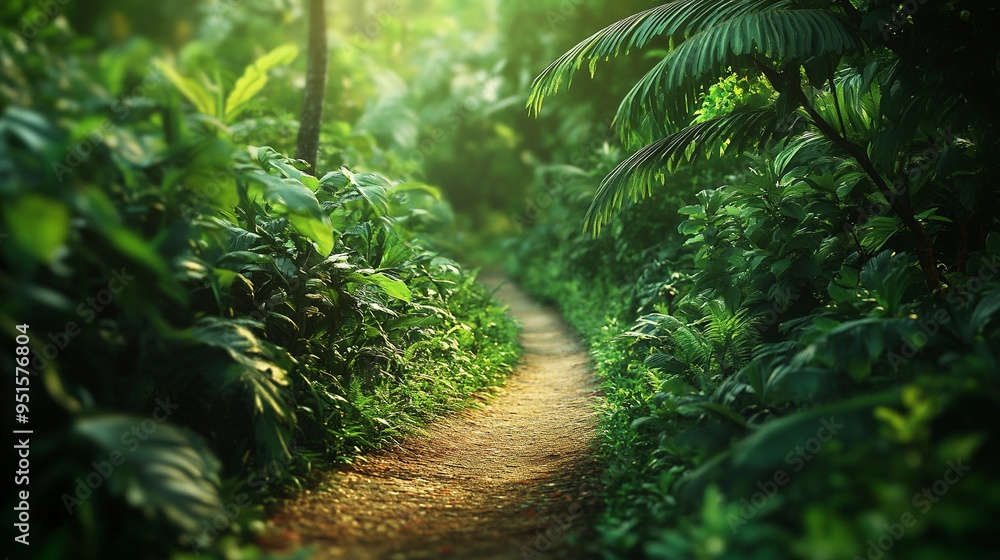 Blur background of narrow path winding through a dense tropical jungle. Lush greenery and vibrant foliage dominate this landscape. Adventure and exploration concept. Blur background of narrow path winding through a dense tropical jungle. Lush greenery and vibrant foliage dominate this landscape. Adventure and exploration concept.