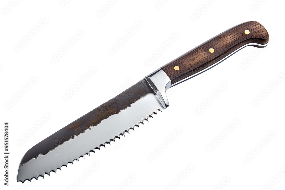 A serrated kitchen knife with a wooden handle isolated on white transparent background A serrated kitchen knife with a wooden handle isolated on white transparent background