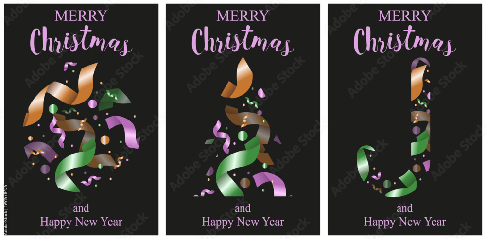 Fototapeta premium Elegant Christmas greeting card cover template set isolated transparent background. Collection of New Year posters with trendy 3D confetti ribbon. Fashion holiday vector aesthetic. EPS 10