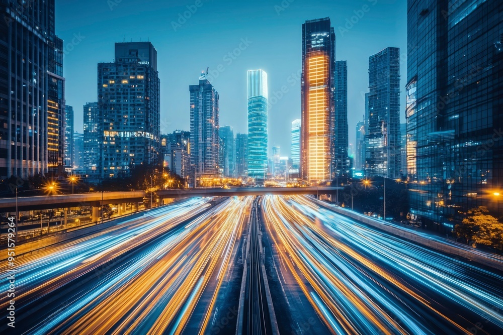 Fototapeta premium Cityscape with a Highway of Light Trails at Dusk
