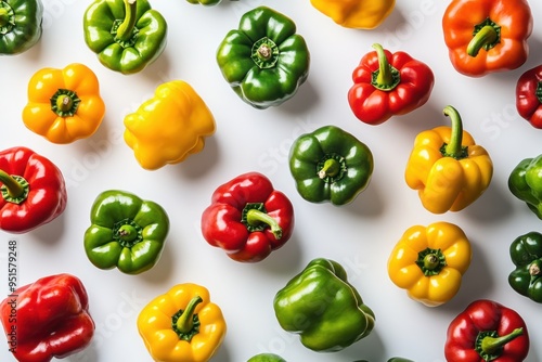 A dynamic display of various bell peppers in green