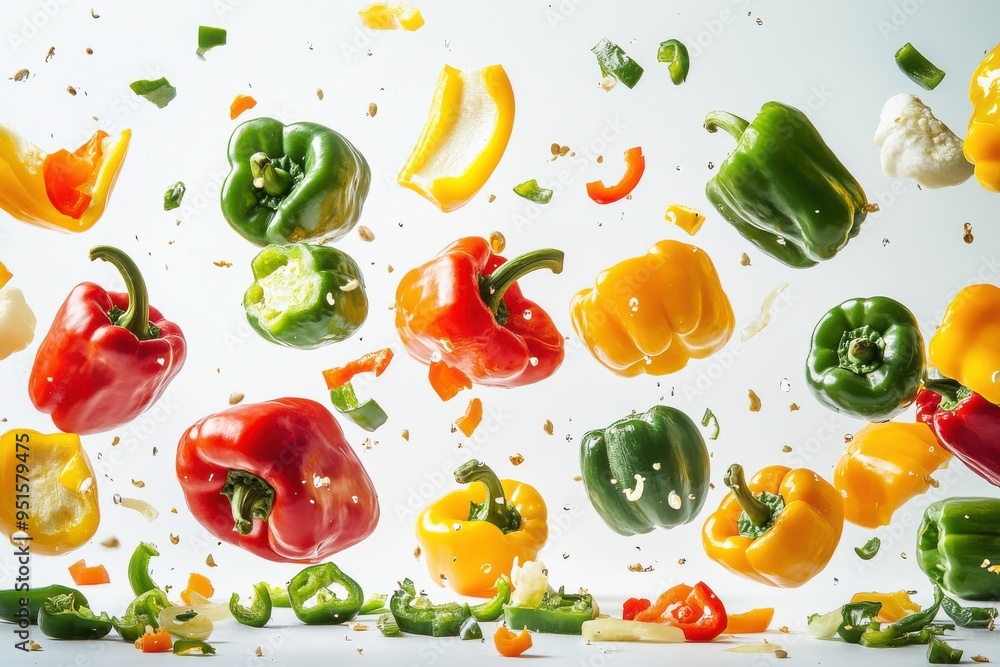 A dynamic display of various bell peppers in green A dynamic display of various bell peppers in green