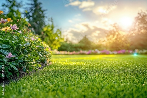 Lush Green Grass with Pink Flowers and a Sunny Sky