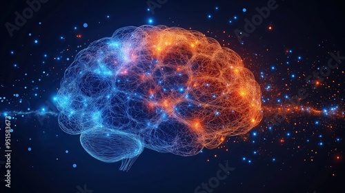 Brain made of glowing connections on blue background, with neural network and big data technology