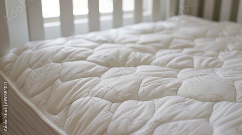 A close-up shot of the cribâs mattress pad, showing the quilted pattern and soft cushioning. photo